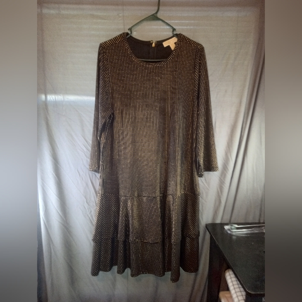 Elegant Micheal Kors Black and Gold Dot Flounce Double Hem Women's Dress